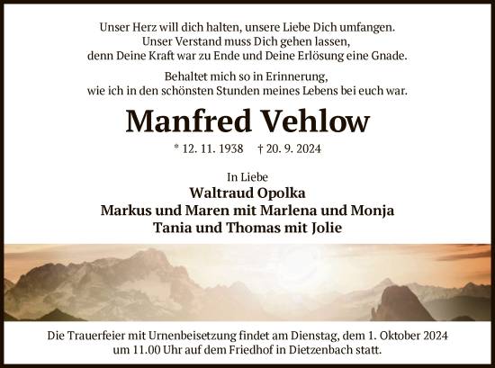 Traueranzeige von Manfred Vehlow von OF