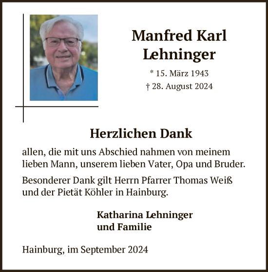 Traueranzeige von Manfred Karl Lehninger von OF