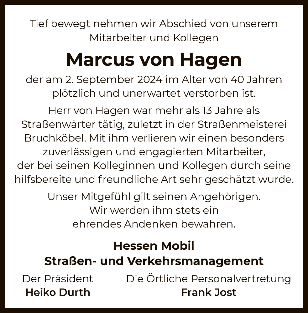  Traueranzeige für Marcus von Hagen vom 21.09.2024 aus OF