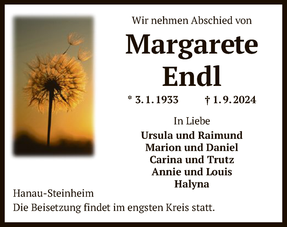  Traueranzeige für Margarete Endl vom 07.09.2024 aus OF