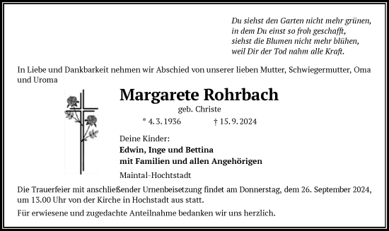 Traueranzeige von Margarete Rohrbach von OF