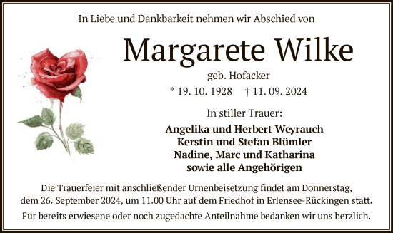 Traueranzeige von Margarete Wilke von OF