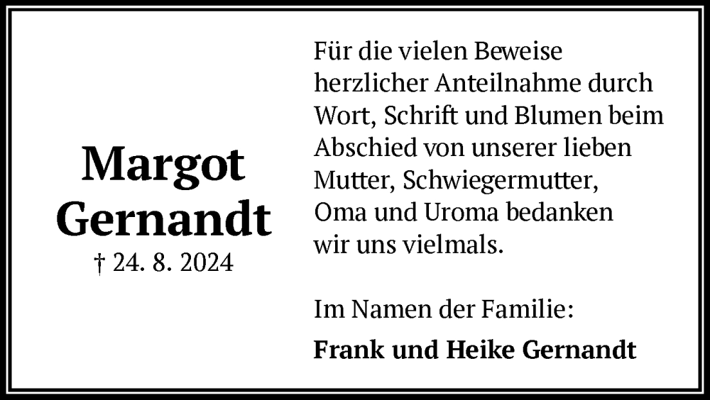  Traueranzeige für Margot Gernandt vom 27.09.2024 aus OF