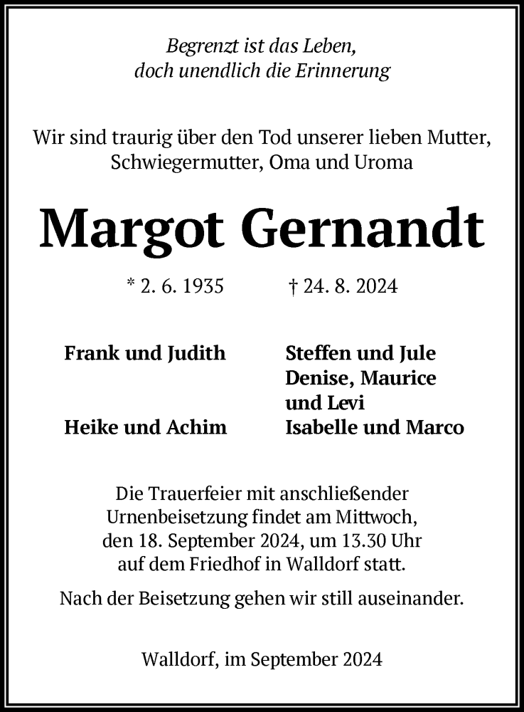  Traueranzeige für Margot Gernandt vom 13.09.2024 aus OF