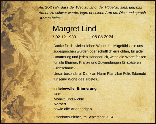 Traueranzeige von Margret Lind von OF