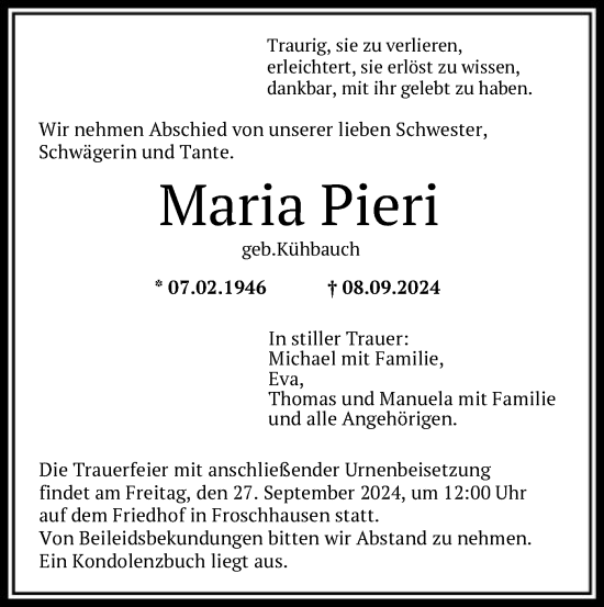 Traueranzeige von Maria Pieri von OF