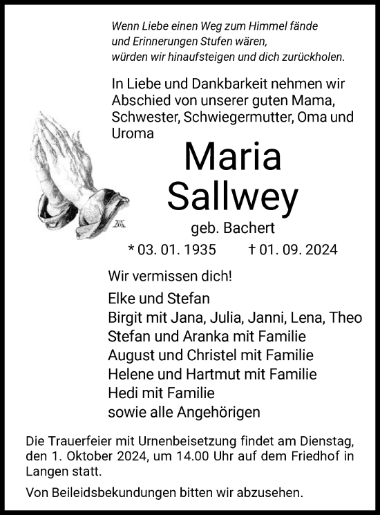 Traueranzeige von Maria Sallwey von OF
