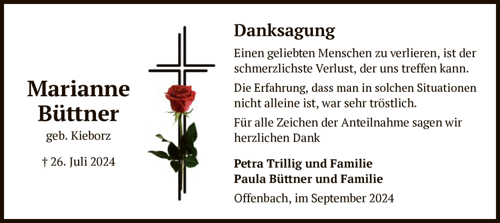  Traueranzeige für Marianne Büttner vom 07.09.2024 aus OF