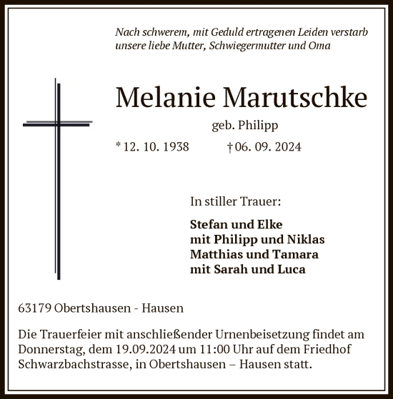 Traueranzeige von Melanie Marutschke von OF