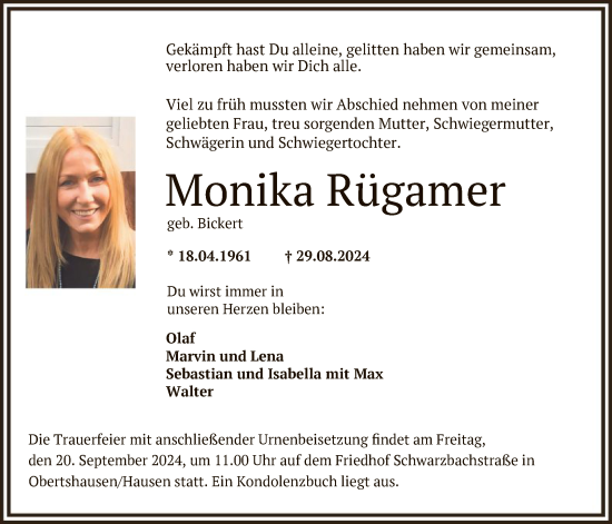 Traueranzeige von Monika Rügamer von OF