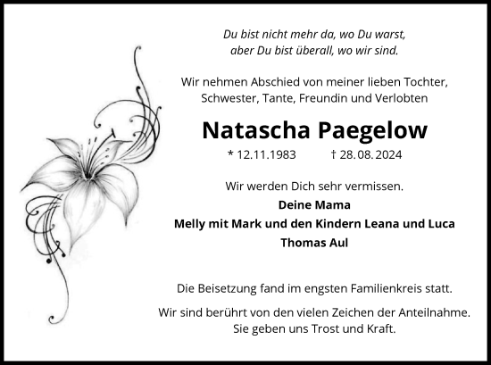 Traueranzeige von Natascha Paegelow von OF