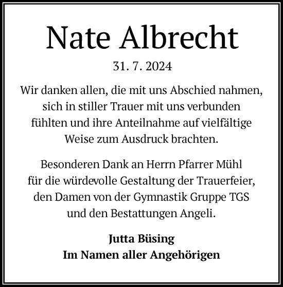 Traueranzeige von Nate Albrecht von OF