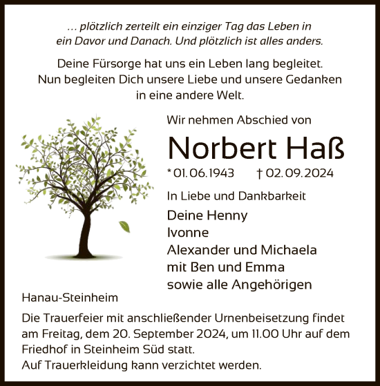 Traueranzeige von Norbert Haß von OF