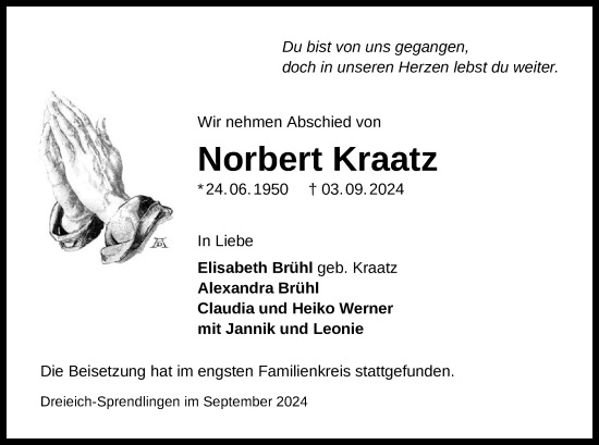 Traueranzeige von Norbert Kraatz von OF