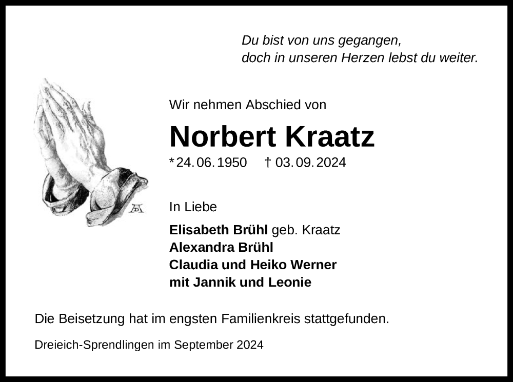  Traueranzeige für Norbert Kraatz vom 21.09.2024 aus OF