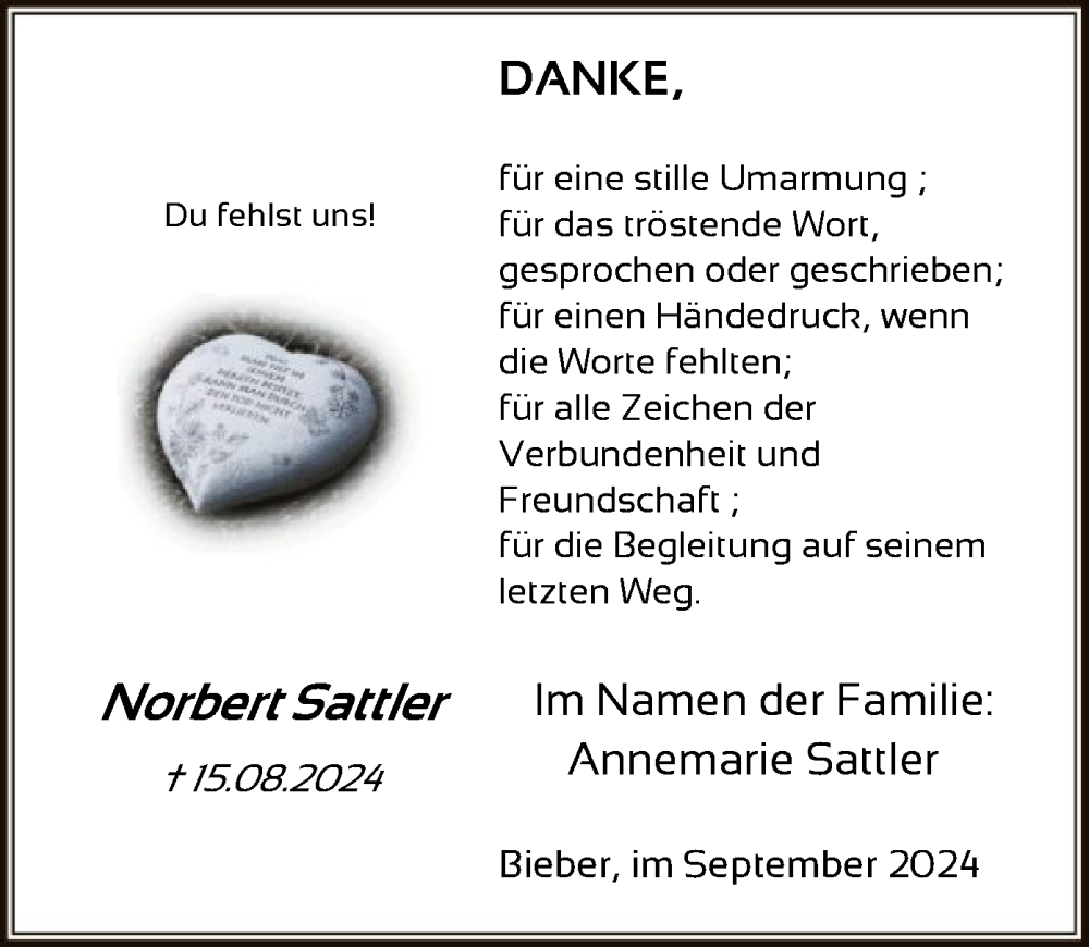 Traueranzeige für Norbert Sattler vom 14.09.2024 aus OF