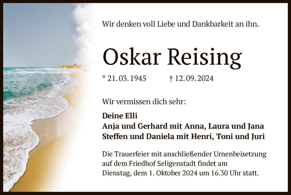  Traueranzeige für Oskar Reising vom 21.09.2024 aus OF