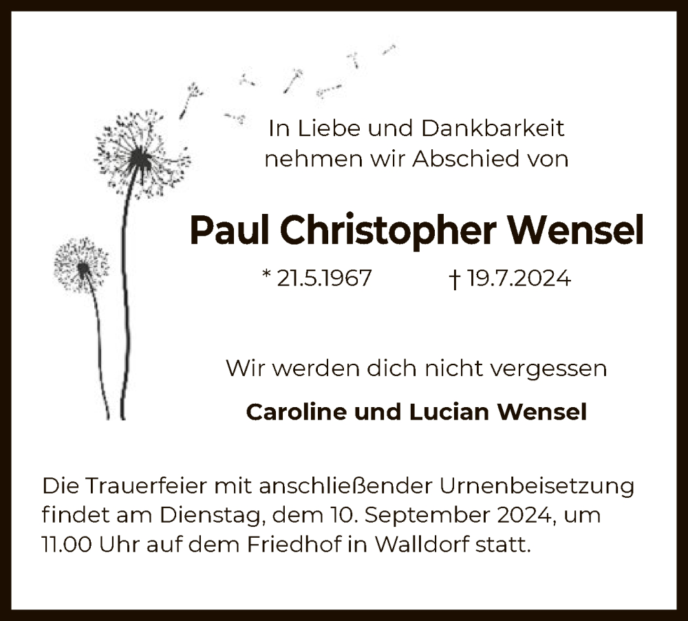  Traueranzeige für Paul Christopher Wensel vom 06.09.2024 aus OF