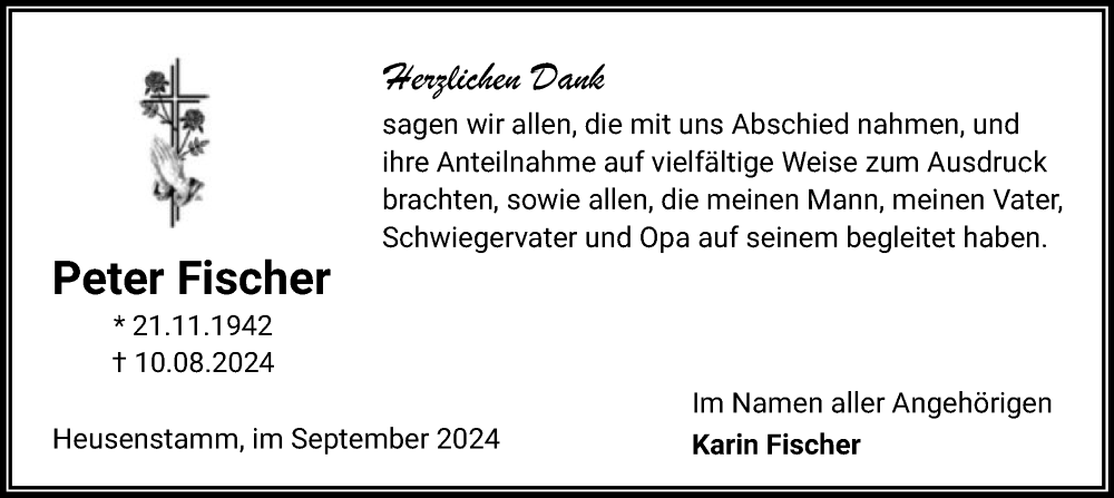  Traueranzeige für Peter Fischer vom 07.09.2024 aus OF