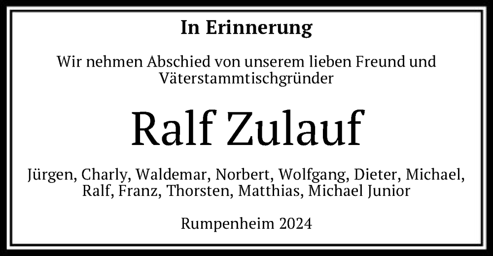 Traueranzeige für Ralf Zulauf vom 07.09.2024 aus OF