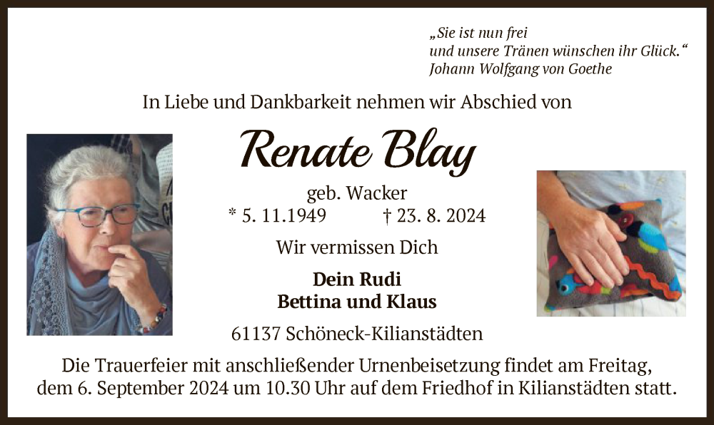  Traueranzeige für Renate Blay vom 04.09.2024 aus OF