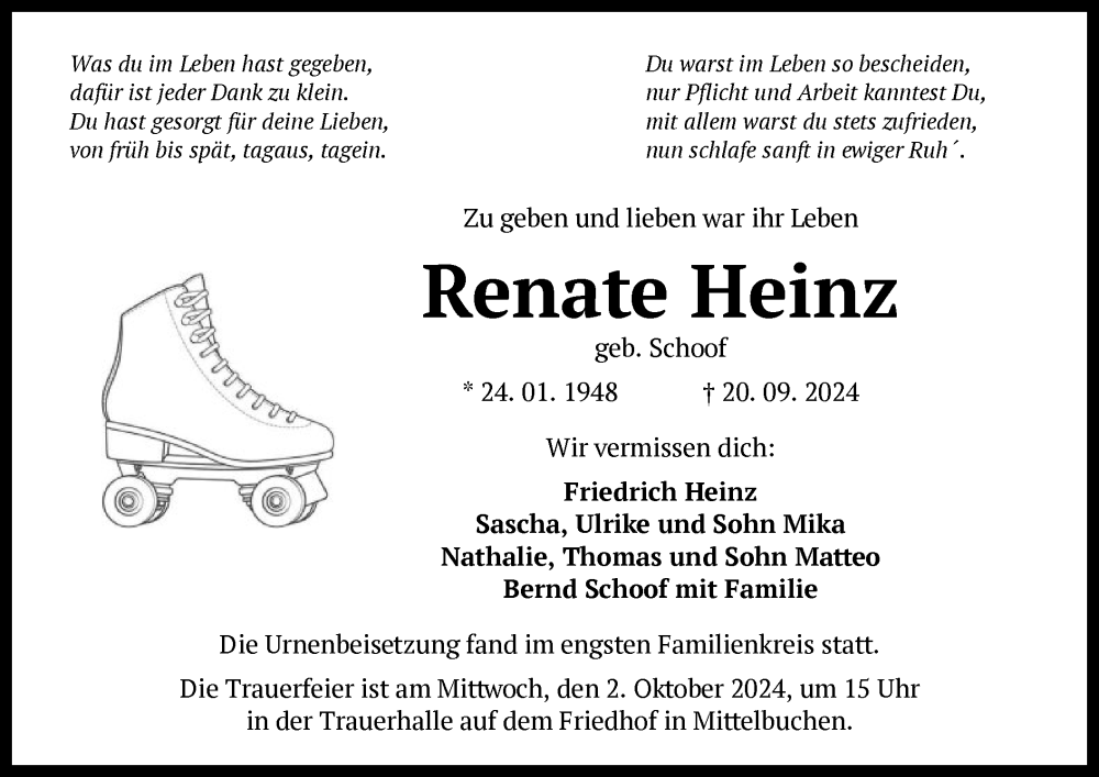  Traueranzeige für Renate Heinz vom 28.09.2024 aus OF