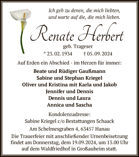 Traueranzeige von Renate Herbert von OF