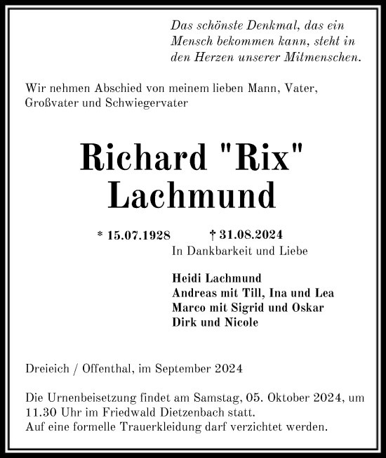 Traueranzeige von Richard Lachmund von OF