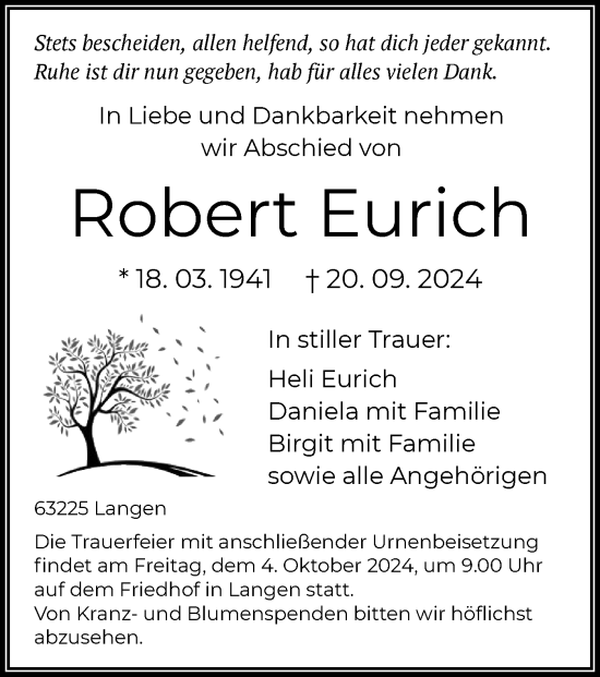 Traueranzeige von Robert Eurich von OF