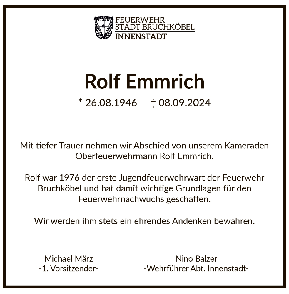  Traueranzeige für Rolf Emmrich vom 21.09.2024 aus OF