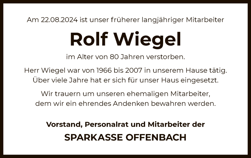  Traueranzeige für Rolf Wiegel vom 11.09.2024 aus OF