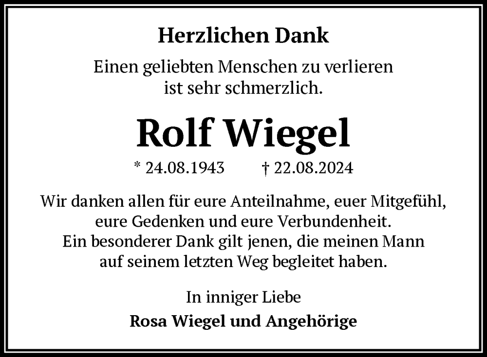  Traueranzeige für Rolf Wiegel vom 28.09.2024 aus OF