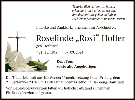 Traueranzeige von Roselinde Holler von OF