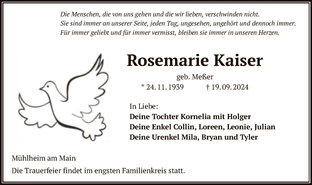  Traueranzeige für Rosemarie Kaiser vom 28.09.2024 aus OF