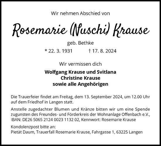 Traueranzeige von Rosemarie Krause von OF