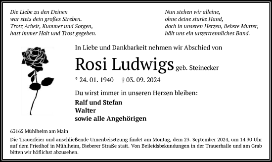 Traueranzeige von Rosi Ludwigs von OF