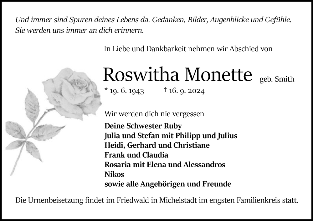  Traueranzeige für Roswitha Monette vom 21.09.2024 aus OF