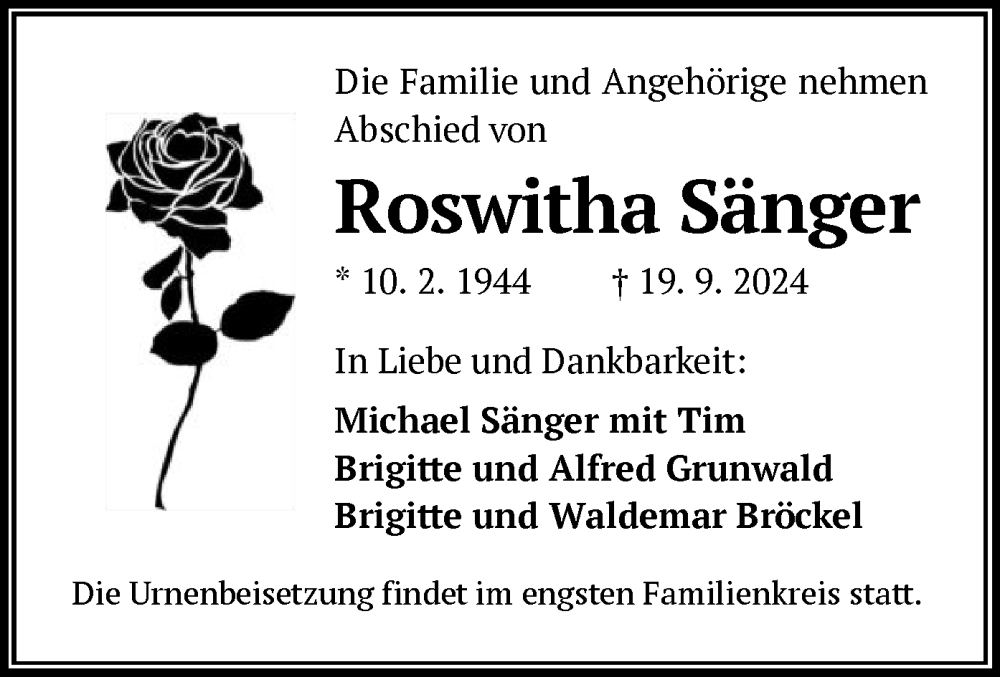  Traueranzeige für Roswitha Sänger vom 28.09.2024 aus OF