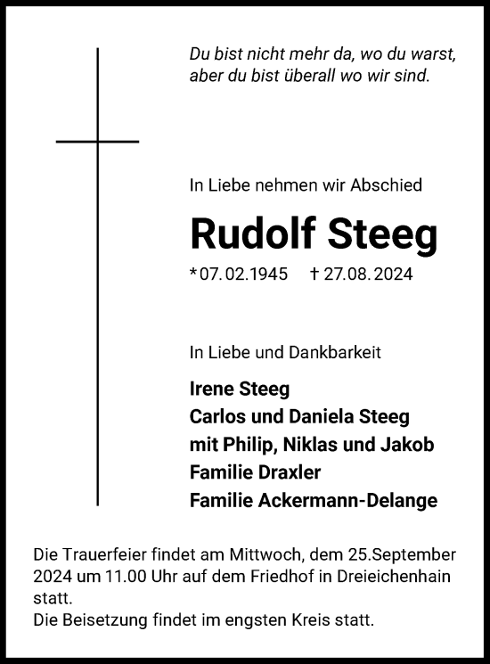 Traueranzeige von Rudolf Steeg von OF