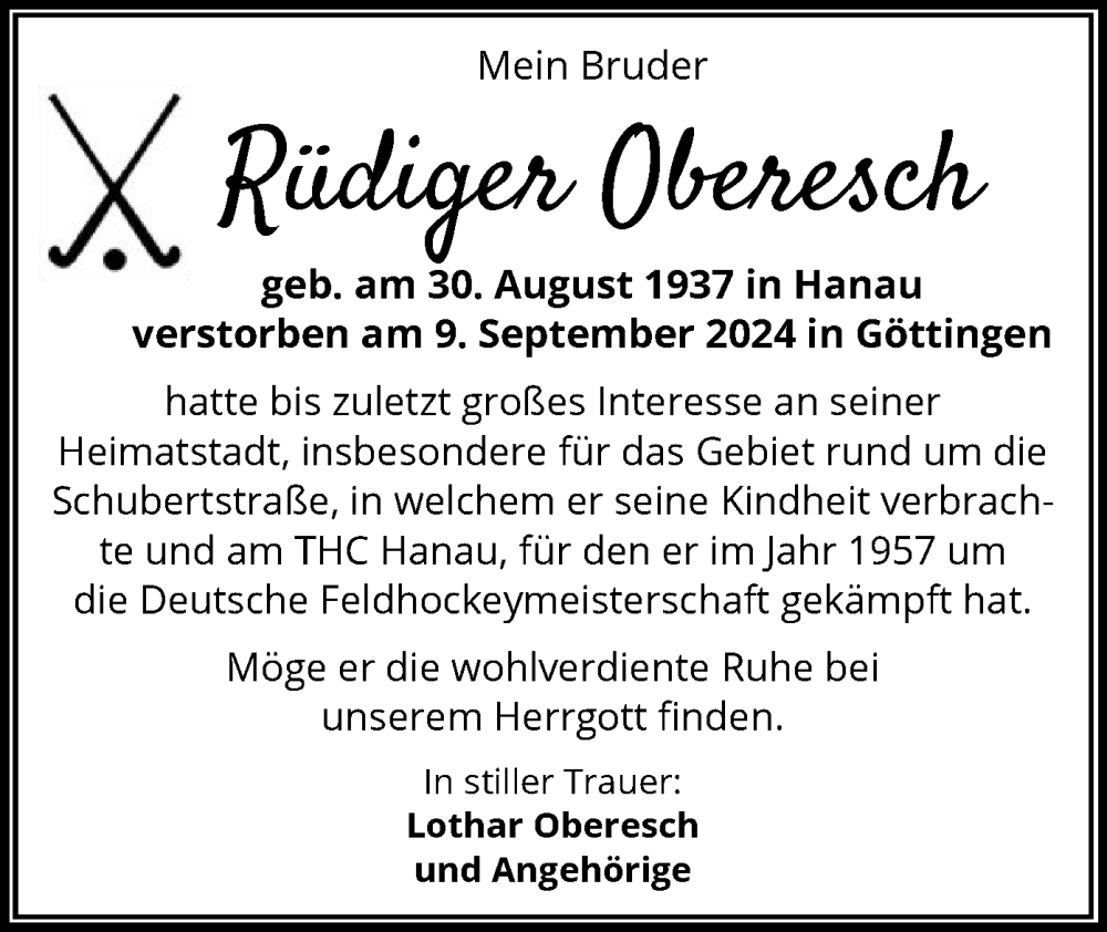 Traueranzeige für Rüdiger Oberesch vom 21.09.2024 aus OF