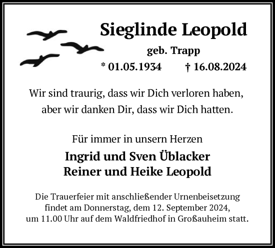 Traueranzeige von Sieglinde Leopold von OF