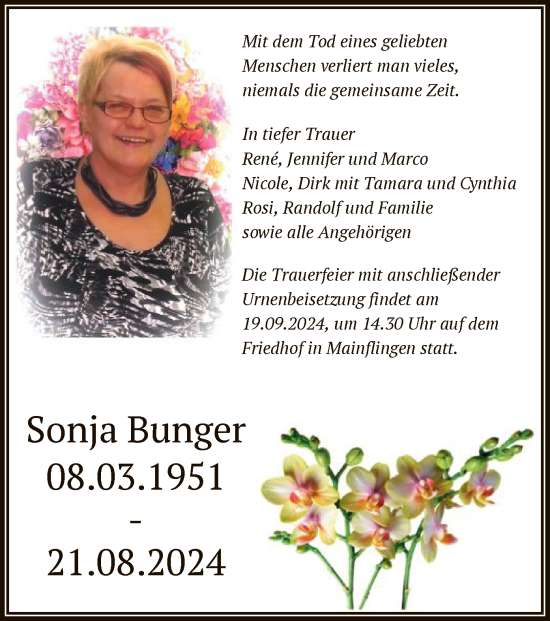 Traueranzeige von Sonja Bunger von OF