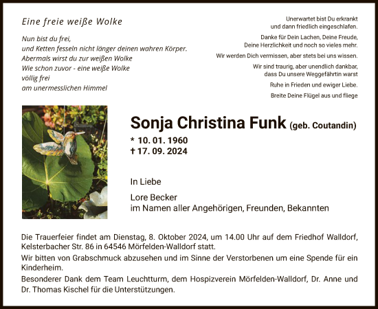 Traueranzeige von Sonja Christina Funk von OF