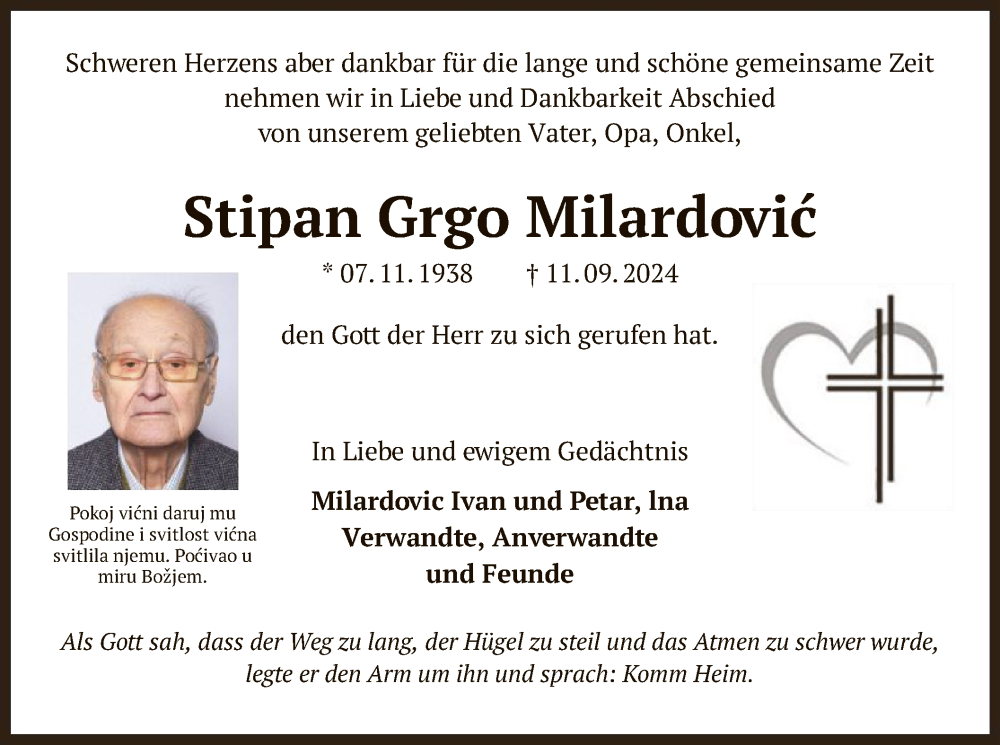  Traueranzeige für Stipan Grgo Milardovic vom 21.09.2024 aus OF