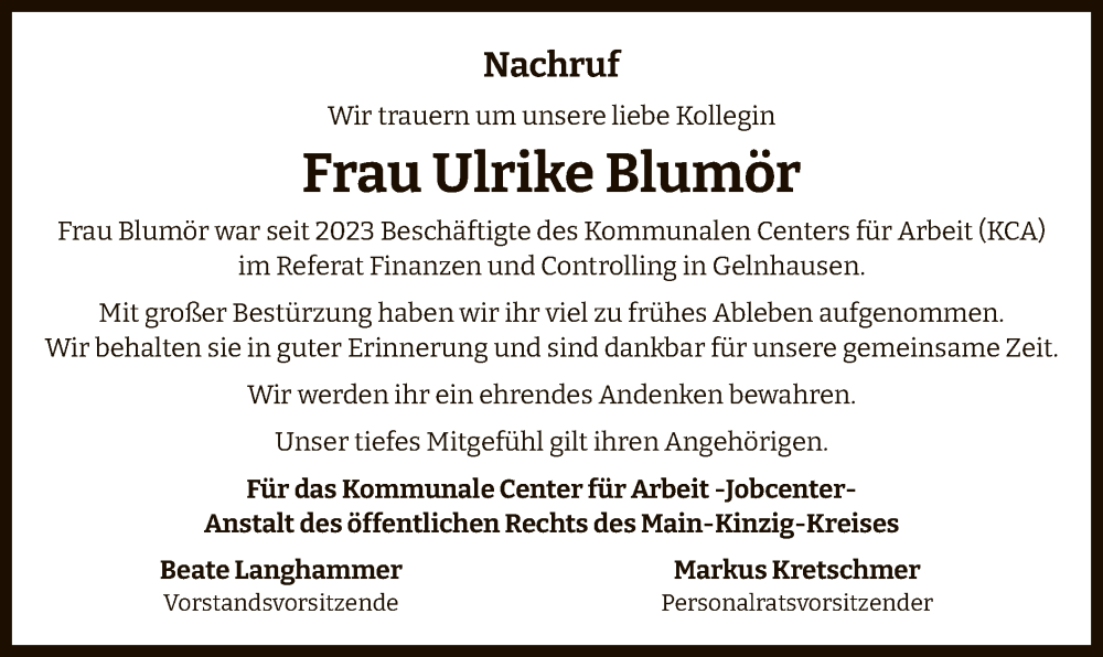  Traueranzeige für Ulrike Blumör vom 21.09.2024 aus OF