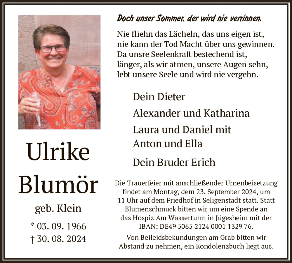  Traueranzeige für Ulrike Blumör vom 14.09.2024 aus OF