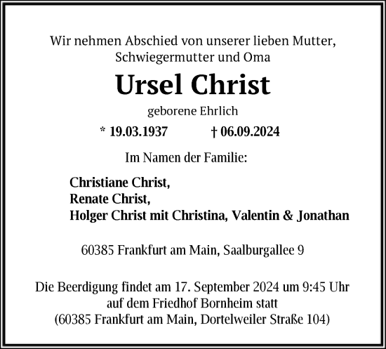 Traueranzeige von Ursel Christ von OF