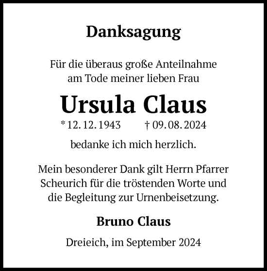 Traueranzeige von Ursula Claus von OF