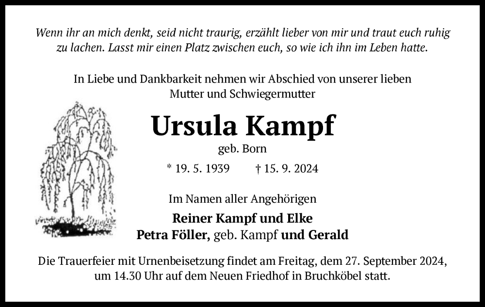  Traueranzeige für Ursula Kampf vom 21.09.2024 aus OF
