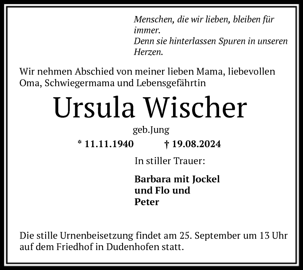  Traueranzeige für Ursula Wischer vom 14.09.2024 aus OF